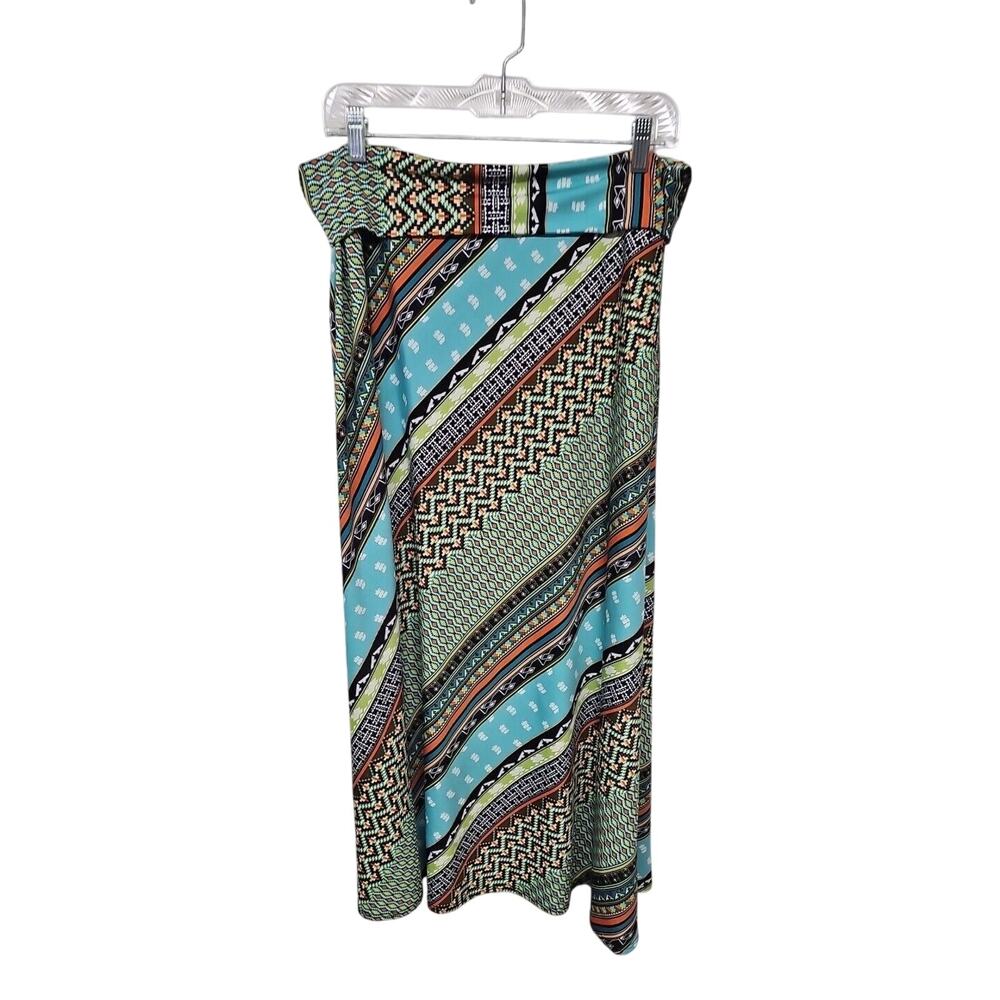 Sunny Leigh Maxi Skirt Large Mixed Print Stripe Aztec Boho Gypsy Stretch - Picture 2 of 8